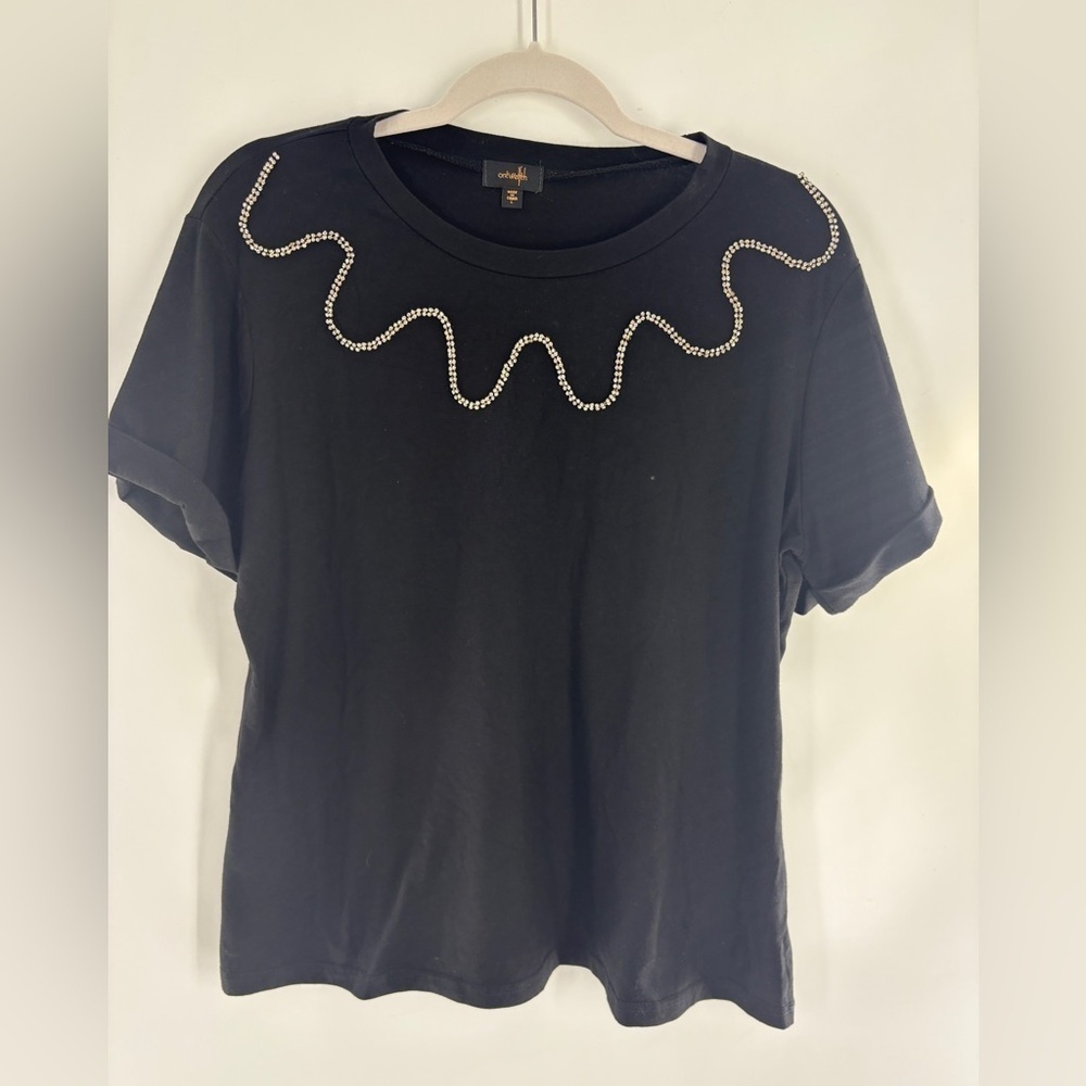 Ortworth Black Rhinestone Embellished T-Shirt Women’s Size Large - Picture 2 of 6